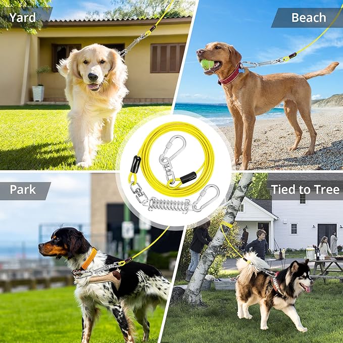 Jenico Dog Tie Out Cable, 10-150FT Runner Cable with Swivel Hook and Shock Spring, Yard and Camping Dog Leash Tether for Small to Medium Pets Up to 500 LBS