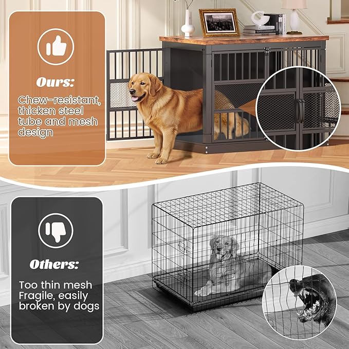 VOPEAK 46" Dog Crate Furniture, Chew Resistant Large Dog Crate for Medium Large Dogs, Heavy Duty XL Dog Crates Dog Kennel Cage Indoor with Double Doors, End Table for Bedroom Living Room, Black