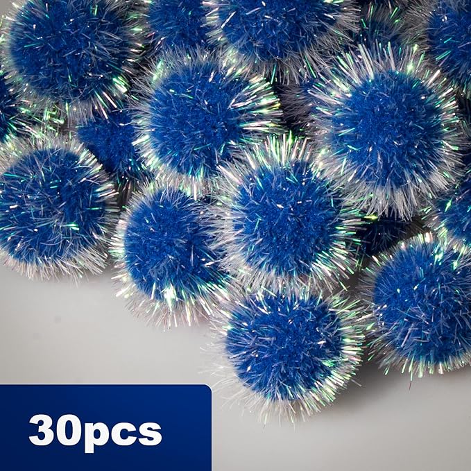 VAPKER 30 Pcs Cat Ball Toys Sparkle Balls Extra Large 2 Inch Cat's Favorite Chase Glitter Ball Glitter Tinsel Pom Poms Balls Dark Blue Color