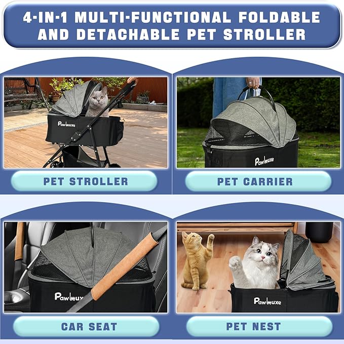 4 Wheels Pet Stroller 4 in 1 Pet Stroller with Detachable Carrier for Small & Medium Dogs Cats up to 55 lbs Easy-Folding Travel Dog Wagon with Car Seat Breathable Mesh,Black