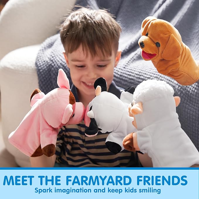 JOYIN 6Pcs Kids Hand Puppet Set with Working Mouth, Toddler Animal Plush Toy Includes Pig, Sheep, Dairy Cow, Dog, Goat, and Horse for Show Theater, Birthday Gifts for Boys Girls, Gifts for Christmas