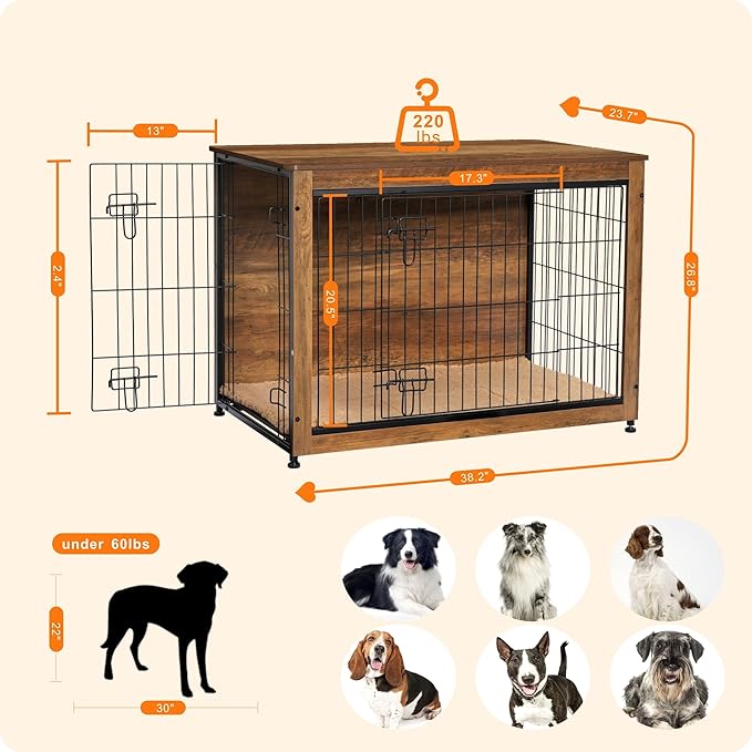 DWANTON Dog Crate Furniture with Cushion, Wooden Kennel Table with Double Doors, Indoor Dog House, Large Size, 38.5" L, Warm Brown
