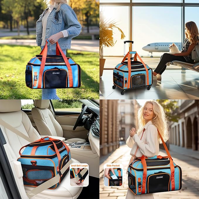 Petskd Top-Expandable Pet Carrier with Wheels 19x13x9 Inches Southwest Allegiant Airlines Approved, Soft-Sided Carrier for Small Dog Under 12 lbs and Large Cat Under 15 lbs(Blue)