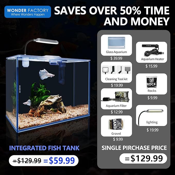 Small Aquarium Set Glass 2.6 Gallon Fish Tank, Starter Kit with Heater Self Cleaning System Efficiency Filter Bright Light Rocks Gravel Cleaning Tool, Leak-Proof Ultra-Clear Rimless Desktop Betta Tank