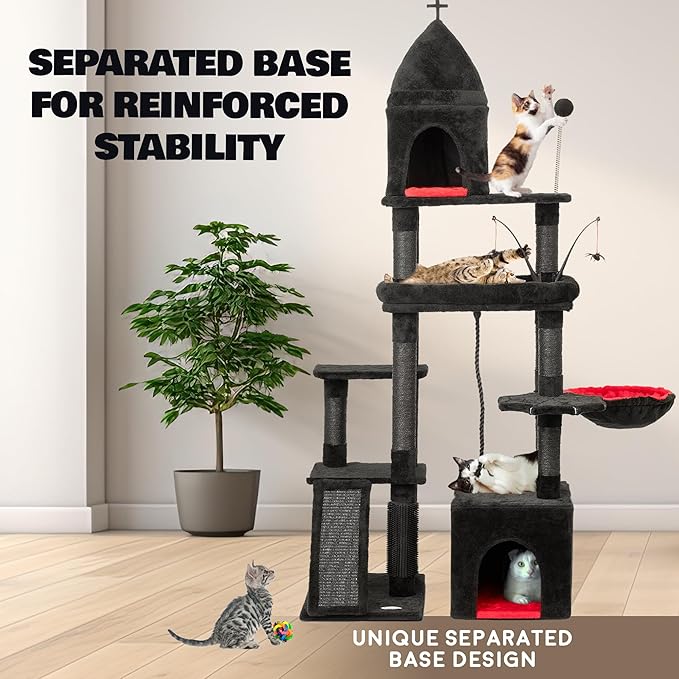 Large Cat Tree Tower for Large Cats, Cat Scratching Post, Self Grooming Post, Interactive Cat Toys, Oversized Perch and Basket, Heavy Duty 72", Black and Red