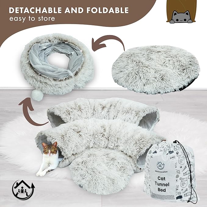 Large Cat Tunnel Bed for Indoor Cats Warm Fluffy Plush Cat Cave Tunnel Bed Collapsible, Washable, 3 Way and Multifunctional with Dangling Balls for Cats, Kittens and Rabbits- Brown