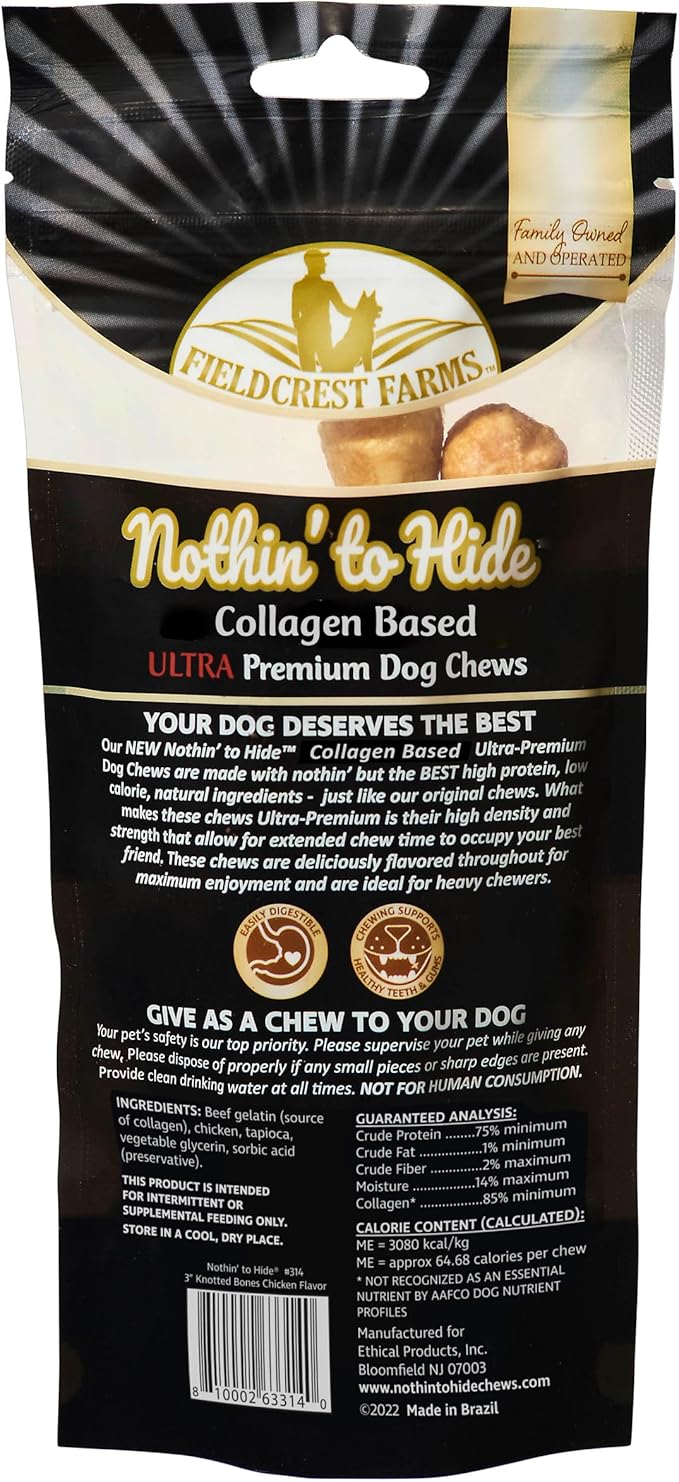 Fieldcrest Farms Nothin' to Hide 3 inch Ultra Knotted Bone Treats - Natural Rawhide Alternative Treats for Dogs, Collagen Based Snack for Heavy Chewers up to 15lbs - Chicken Flavor, 12 Pack