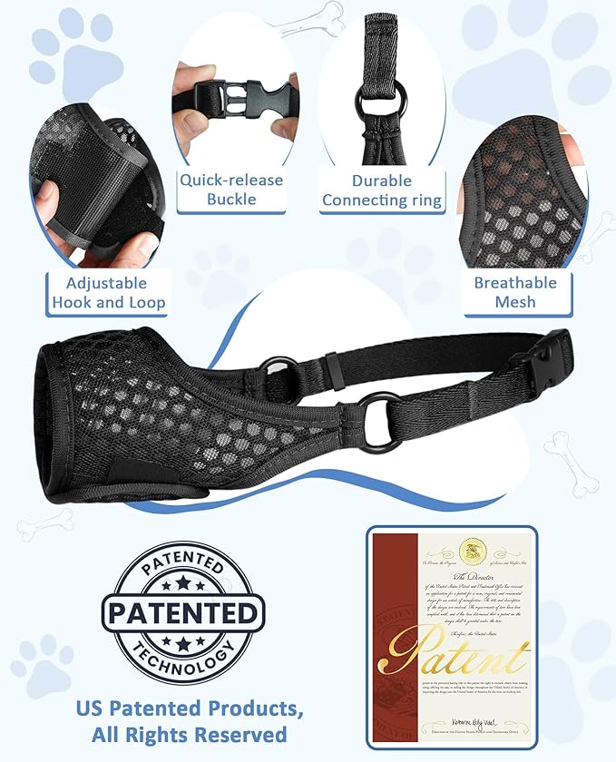LUCKYPAW Dog Muzzle, Soft Muzzles for Large Medium Small Dogs to Prevent Biting Chewing with Ring and Adjustable Strap for Vet Visit Training (Black, XS)