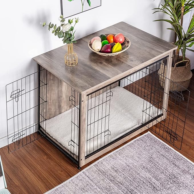 DWANTON Dog Crate Furniture with Cushion, Wooden Kennel Table with Double Doors, Indoor Dog House, Large Size, 38.5" L, Greige