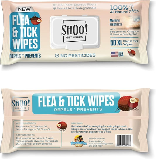 Shoo! Flea & Tick Wipes for Dogs | Convenient, Easy On-The-Go Protection | Plant Based, Natural Oils, Chemical Free | Repels & Prevents | 50 XL Wipes | (Morning Freshness)