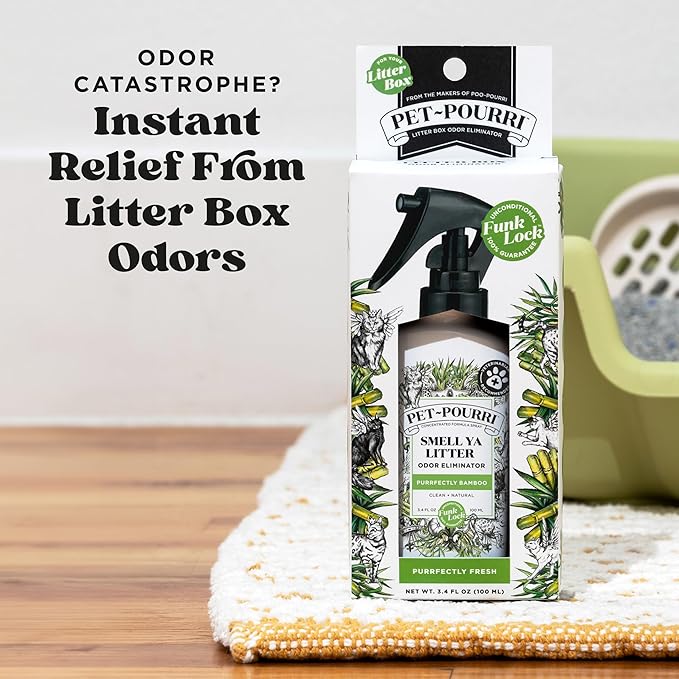 Pet-Pourri Smell Ya Litter Cat Litter Deodorizer Spray, 3.4 Fl Oz, Up to 170 Uses, Pet Odor Remover with Essential Oils for Air, Carpet, Urine, Vet Recommended, Bergamot Bamboo Scent