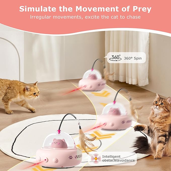 hooroor 2-in-1 UFO Laser Cat Toy – Automatic Motion with Feather, Rechargeable Smart Sensor Interactive Toy for Indoor Cats & Dogs, Fun Exercise & Play, Perfect Pet Gift