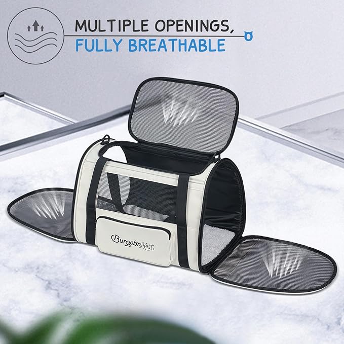 BurgeonNest Cat Carrier for Large Cats 20 lbs,Medium Pet Under 25 lbs,2 Puppy and Small Dogs with Unique Side Bag,Top Load Pet Carrier Soft-Sided Escape Proof with 4 Ventilated Windows