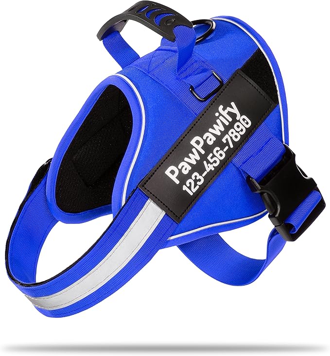 PawPawify Custom No Pull Dog Harness with Name and Phone Number, Heavy Duty Personalized Pet Vest to Prevent Tugging, Pulling, or Choking, Training and Walking (New Blue, M (20-40 LBS))