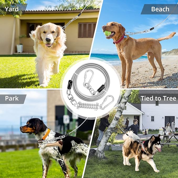 jenico Dog Tie Out Cable, 10/15/20/30/40/50/70/100/150FT Dog Runner Cable with Swivel Hook and Shock Spring, Dog Leash Run Tether for Yard Outdoor and Camping,for Small to Medium Pets Up to 500 LBS