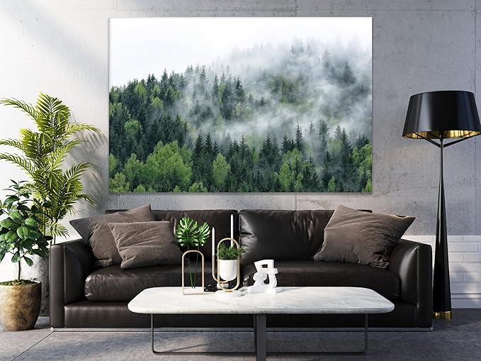 Nature Wall Art Prints - Ocean Forest Mountain Lake Canvas Landscapes - Small to Extra Large Living Room Bedroom Kitchen Bathroom Décor (Pine Trees in Fog, 20L" x 30W")