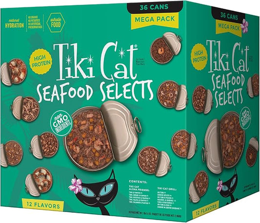 Tiki Cat Seafood Selects, Ultimate Variety Pack, 36 High Protein Servings with Real Flaked Fish, Wet Cat Food Mega Pack, 2.8 and 3 oz. Cans (Pack of 36)