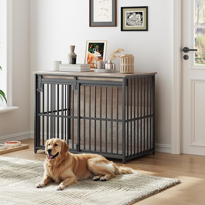 HOOBRO Dog Crate Furniture, 36.6" Heavy Duty Dog Kennel with Sliding Barn Door, Wooden Dog Cage Indoor, Decorative Side End Table for Small/Medium Dogs, Greige and Black GY162GW03G1