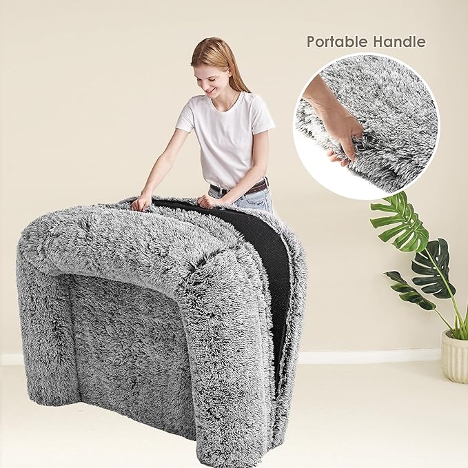 EHEYCIGA Foldable Dog Bed, Faux Fur Fluffy Dog Couch Bed, Orthopedic Calming Memory Foam Pet Bed for Small Dogs, Washable Soft Warm Pet Sofa Bed with Non-Slip Bottom, Faded Black, 40"x30"x6"