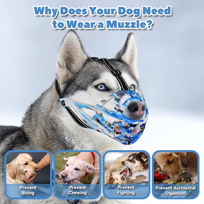 Dog Muzzle for Large Dogs, Medium and X-Large Aggressive Dog, Breathable Basket Muzzles, Suitable for Grooming Trimming Training, Allows Panting Drinking (Camouflage Blue, M)