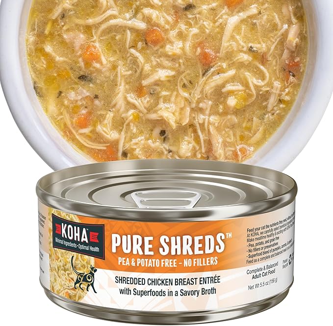 KOHA Pure Shreds Chicken Entrée for Cats, High Protein Wet Cat Food, 5.5oz Cans (Pack of 12)