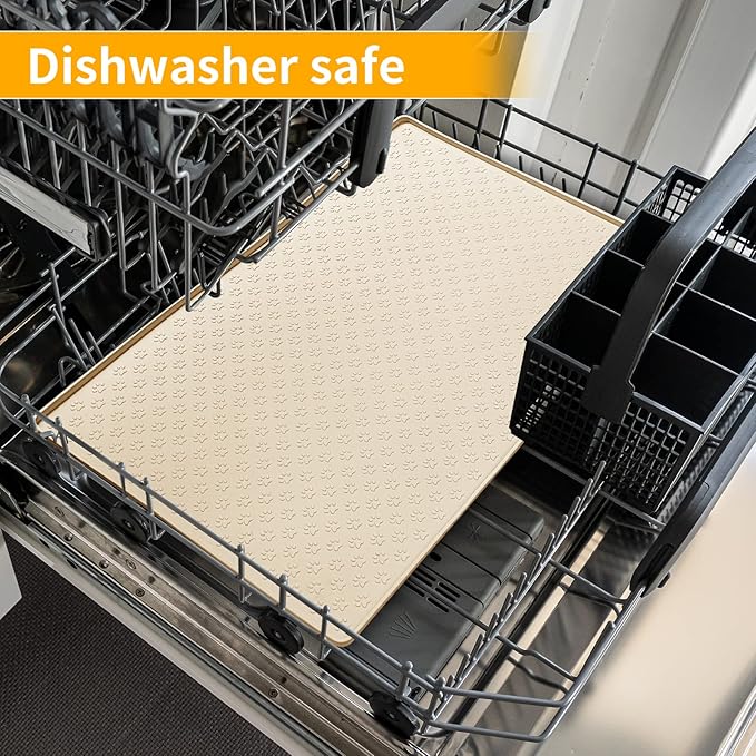 Ptlom Silicone Pet Placemat for Dog and Cat, Waterproof Non-Slip Pet Feeding Bowl Mats for Food and Water, Small Medium Large Tray Mat Prevent Residues from Spilling to Floor, Beige, 18" 12"