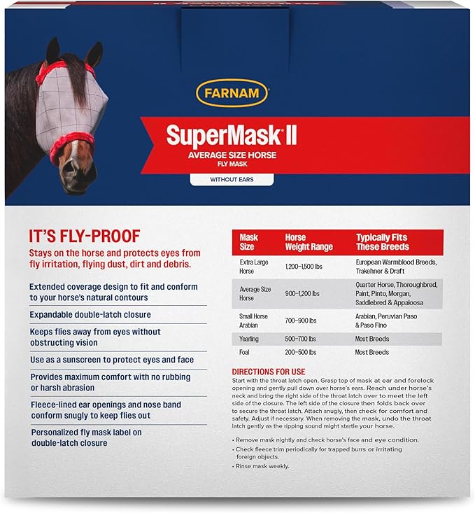 Farnam SuperMask II horse fly mask without ears, extended coverage, protects eyes from insects and debris, adjustable throat latch, Average Horse Size