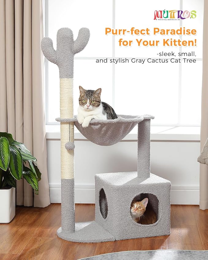 Cactus Cat Tree Cat Scratching Post 40" Cat Tower with Large Metal Carpet Hammock, Cat Scratching Post for Indoor Cats with Condo& Dangling Ball, Grey