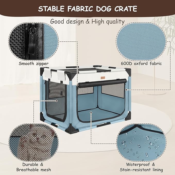 Dog Crate - Soft Pet Kennel for Dogs/Cats, 3-Door Breathable Travel Cage with Mesh Window, Portable Dog Kennel for Indoor & Outdoor, Blue-XL