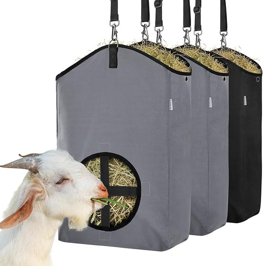 3 Packs Goat Hay Feeder,Hay Bags for Goats,Horses,Sheep,Premium 600D Oxford Cloth,with Metal Fastener and Adjustable Open Feed Hole for Slow Feeding. (1 Black+2Grey)