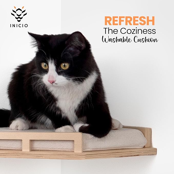 INICIO Cat Wall Shelves - Modern and Durable 3 Step Cat Furniture for Wall - Stylish Birch Floating Shelf for Cats up to 15lbs - Wooden Corner Shelves with Cushioned Perch - Natural Wood