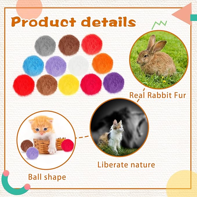 LEIFIDE 12 Pieces Real Rabbit Fur Pom Pom Kitty Cat Toy Fluffy Cat Balls Soft Fuzzy Balls for Kitty Pets Kitten Chase Quiet Play, 3 Inches in Diameter(Bright Color)