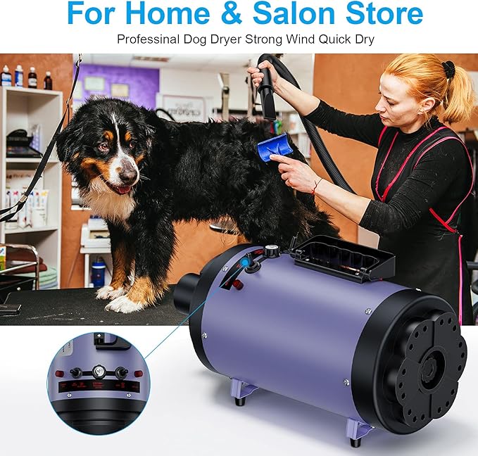 Professional Dog Grooming Dryer with Heater, 5.2HP High-Power Dog Blower, Variable Speed Adjustable, Low Noise Pet Hair Dryer for All Breeds(Purple)