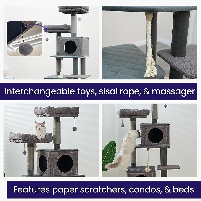 Catry® Stella 7-Level 67.5” Linen & Quilted Velvet Cat Tree with Recycled Paper Scratchers, Two Condos, Removable Beds, Toys, Easy to Clean, Ideal for Large Cats and Multi-Cat Homes (Zinc Gray)
