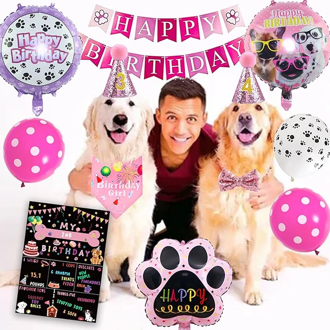 Dog Party Supplies Decorations - Cute Bandana, Let's Pawty Banner, Cake Topper, Hat, Pink Bowtie, Tutu Skirt, Paw Balloon for Birthday Celebration