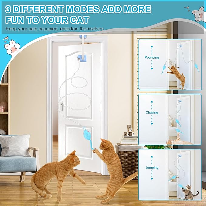 Cat Toy, Upgraded Smart Interactive Cat Toys with Remote Control, USB Rechargeable Door Hanging Retractable Kitten Toy for Self Play, Teaser Electronic Feather Cat String with 3 Plush Mice