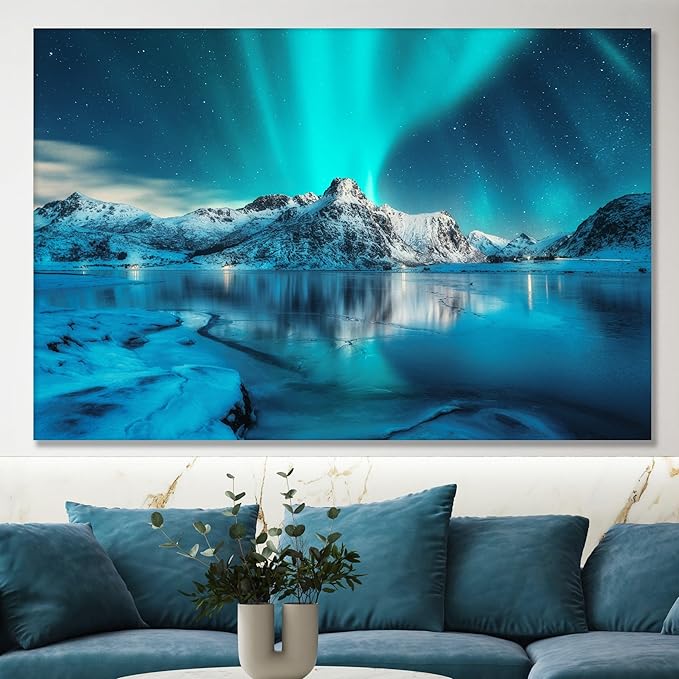 Nature Wall Art Prints - Ocean Forest Mountain Lake Canvas Landscapes - Small to Extra Large Living Room Bedroom Kitchen Bathroom Décor (Northern Lights Over Lake, 24L" x 36W")