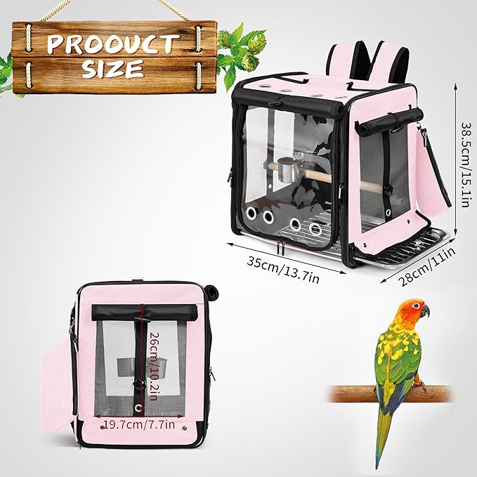 Suertree Bird Carrier with Seat Belt for Car Travel, Bird Backpack Carrier with Indestructible Stainless Steel Mesh, Large Bird Carrier Travel Cage, Pink