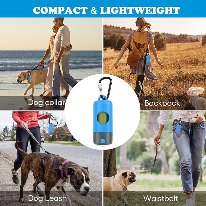 Rechargeable Dog Poop Bag Dispenser With Safety LED Flashlight, Pet Waste Bag Holder with Carabiner Clip For Leash, Collar,Harness, and 15 PCS Extra Thick Doggy Waste Bags