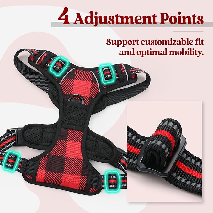 rabbitgoo Dog Harness No Pull with 2 Leash Clips, Adjustable Soft Padded, Reflective Oxford No Choke Pet Vest with Easy Control Handle for Small Dogs, Red Plaid, S