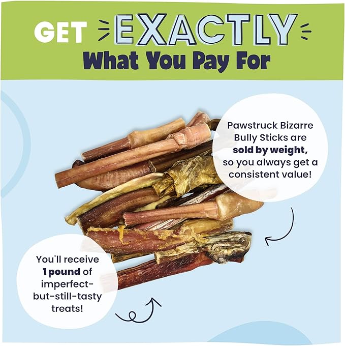 Pawstruck Natural Bizarre Bully Sticks Bargain Bag for Dogs & Puppies - Variety Pack of 8-12" Long Lasting Eco-Conscious Beef Chew Treats - 1 lb. Bag - Packaging May Vary