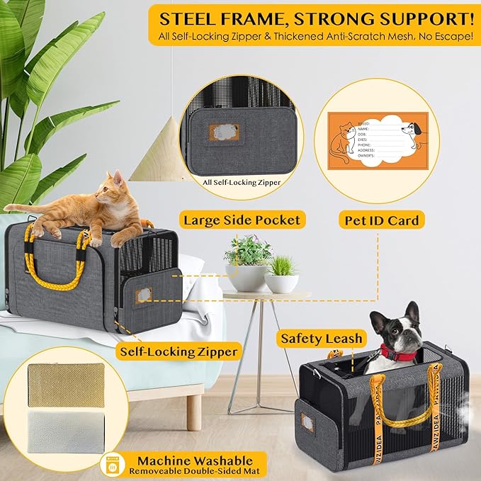 PAWZIDEA Expandable Pet Carrier w/ID Card, 18x11x11 in Small Dog Carrier TSA Airline Approved, Top Load Cat Carrier for 2 Cats Under Seat, Soft-Sided Collapsible Puppy Car Seat Dog Travel Bag, Up 15lb