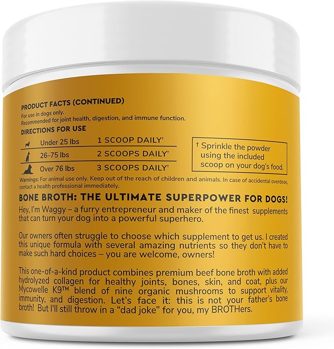 Bone Broth for Dogs – Bone Broth Powder with Organic Mushrooms & Collagen for Digestion, Immunity & Joint Support – Tasty Beef Supplement for Dogs of All Ages, Sizes & Breeds – 3.20 oz