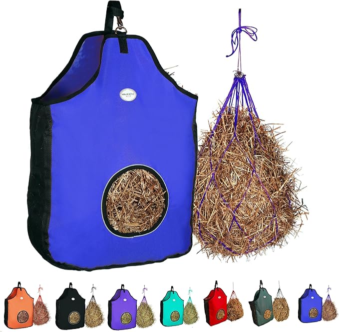 Majestic Ally 1200 D Hay Feeder Tote Bag for Horses, Sheep with Reflective Trim- Reduces Waste - Comes with 36” Hay Net. (Royal Blue)
