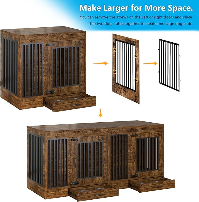 Rustic Brown Heavy Duty Furniture Dog Crate, Wood and Metal Kennel Cage, Pet House End Table with Drawer and Pull-Out Design, Dog Home for Indoor use, Medium Size