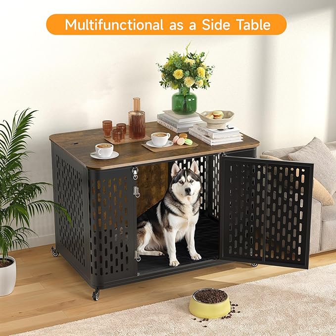 Heavy Duty Dog Crate Furniture for Large and Medium Dogs, 43.7 Inch Large Dog Crate Kennel with Flip Top & Cushion & Wheels, Escape Proof Pet Cage for High Anxiety Dogs