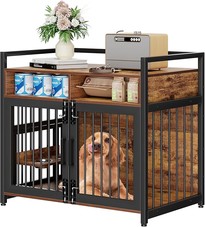 Furniture Style Dog Crate with Storage, 41 Inch Dog Crate Furniture with Double Doors, 2 Stainless Steel Bowls, Dog Crate Furniture-Style Crate for Large/Medium Dog