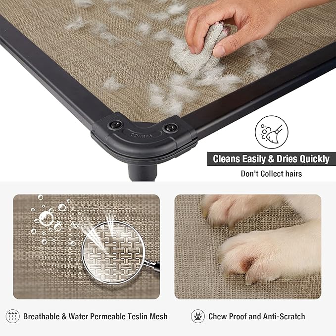 Veehoo Chew Proof Elevated Dog Bed - Cooling Raised Pet Cot - Rustless Aluminum Frame and Durable Textilene Mesh, Unique Designed No-Slip Feet for Indoor or Outdoor Use, Beige Coffee, X Large