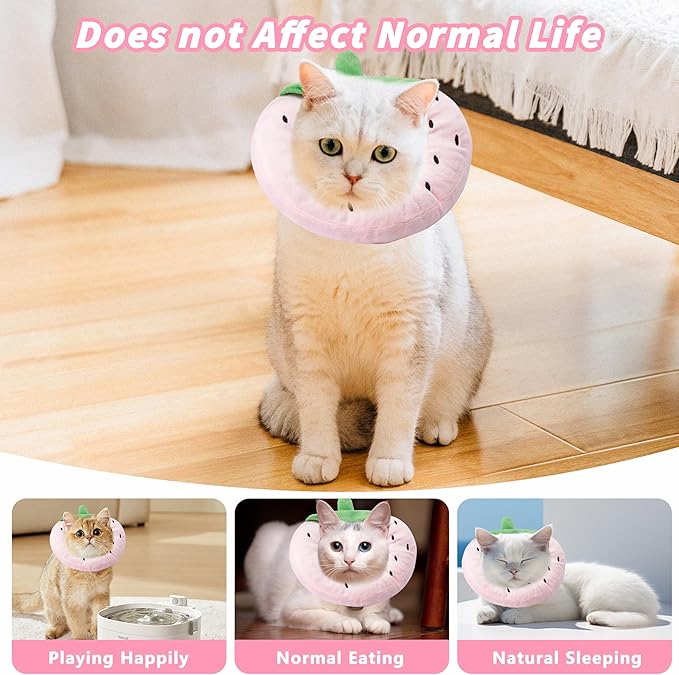 Soft Cat Cone Collar, Cute Cat Recovery Collar Suitable for Small, Medium, Large Cats,Elizabethan Neck Collar for Cats After Surgery (Strawberry, Medium)