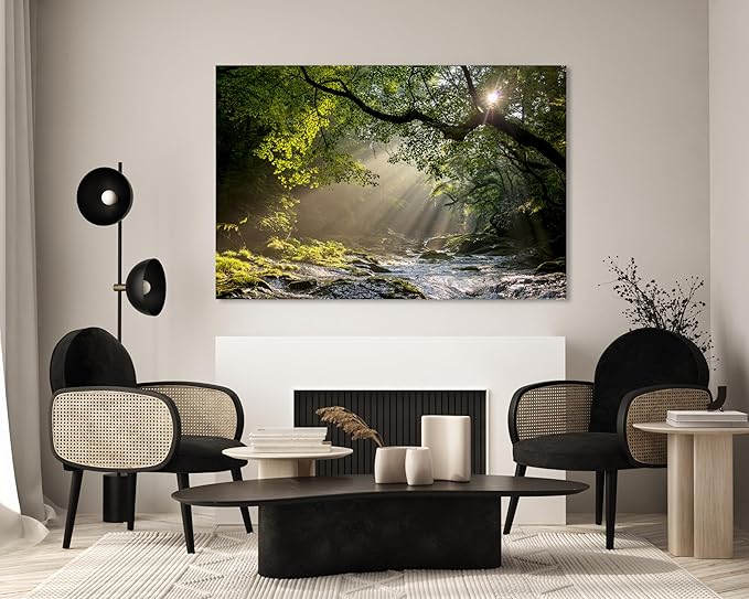 Nature Wall Art Prints - Ocean Forest Mountain Lake Canvas Landscapes - Small to Extra Large Living Room Bedroom Kitchen Bathroom Décor (Rocky River in the Woods, 16L" x 24W")